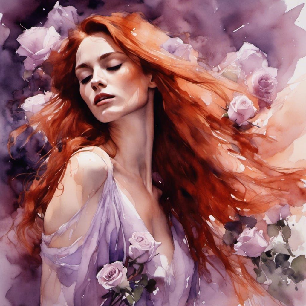 Summer lilac roses and portrait of woman with auburn hair.