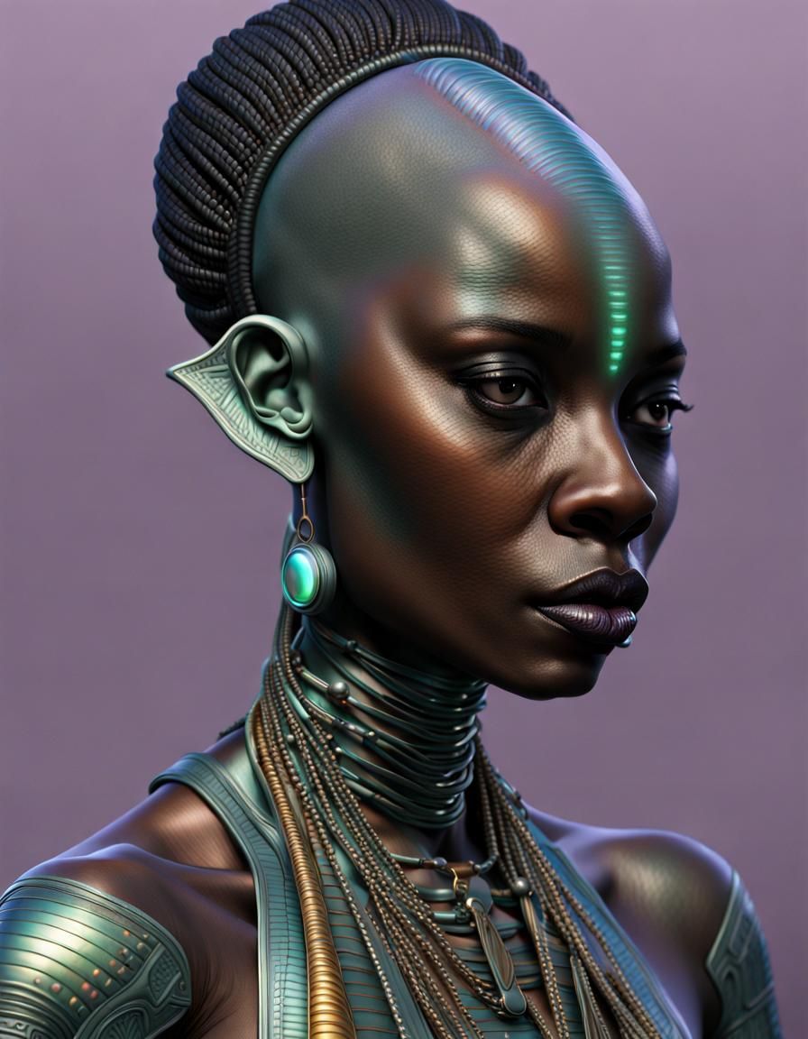 Alien Woman Portrait in Biopunk Prehistoric Style
