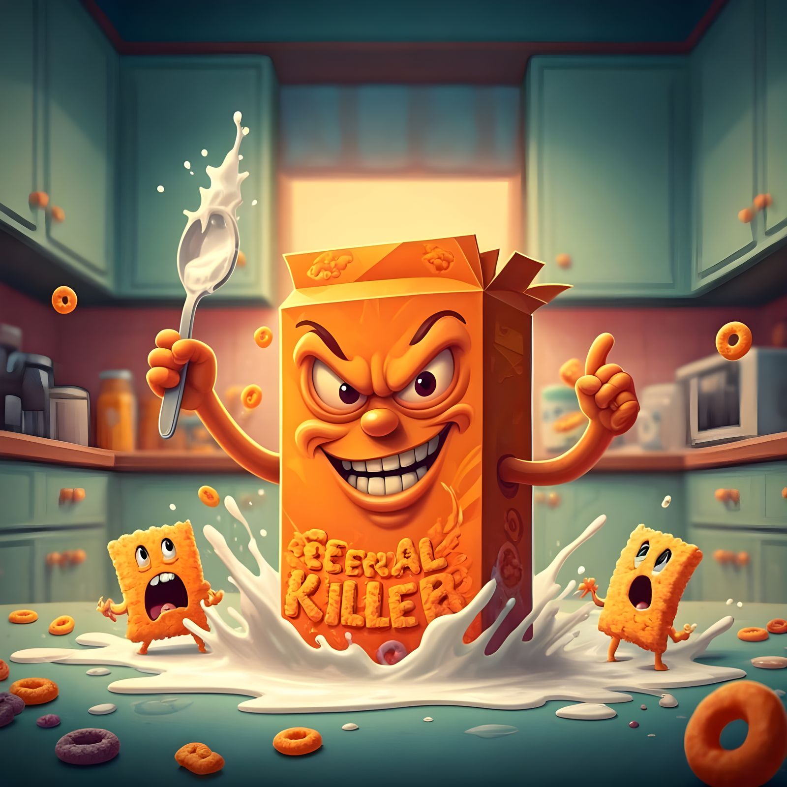 Mischievous Cereal Box Character in Digital Illustration