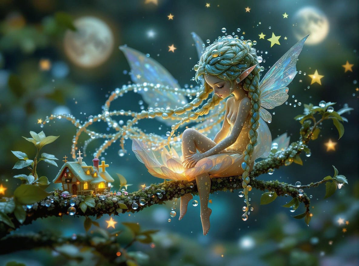 Fairy with Dewdrop Hair on Bioluminescent Flower