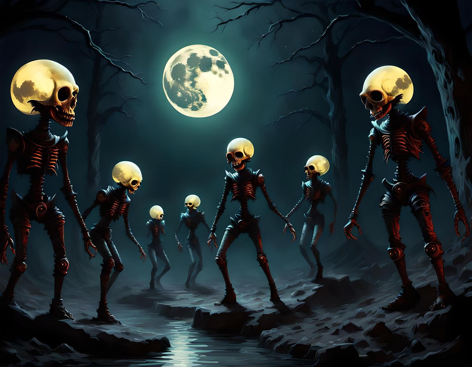 Spacepunk Figures Dance in Moonlight Midnight