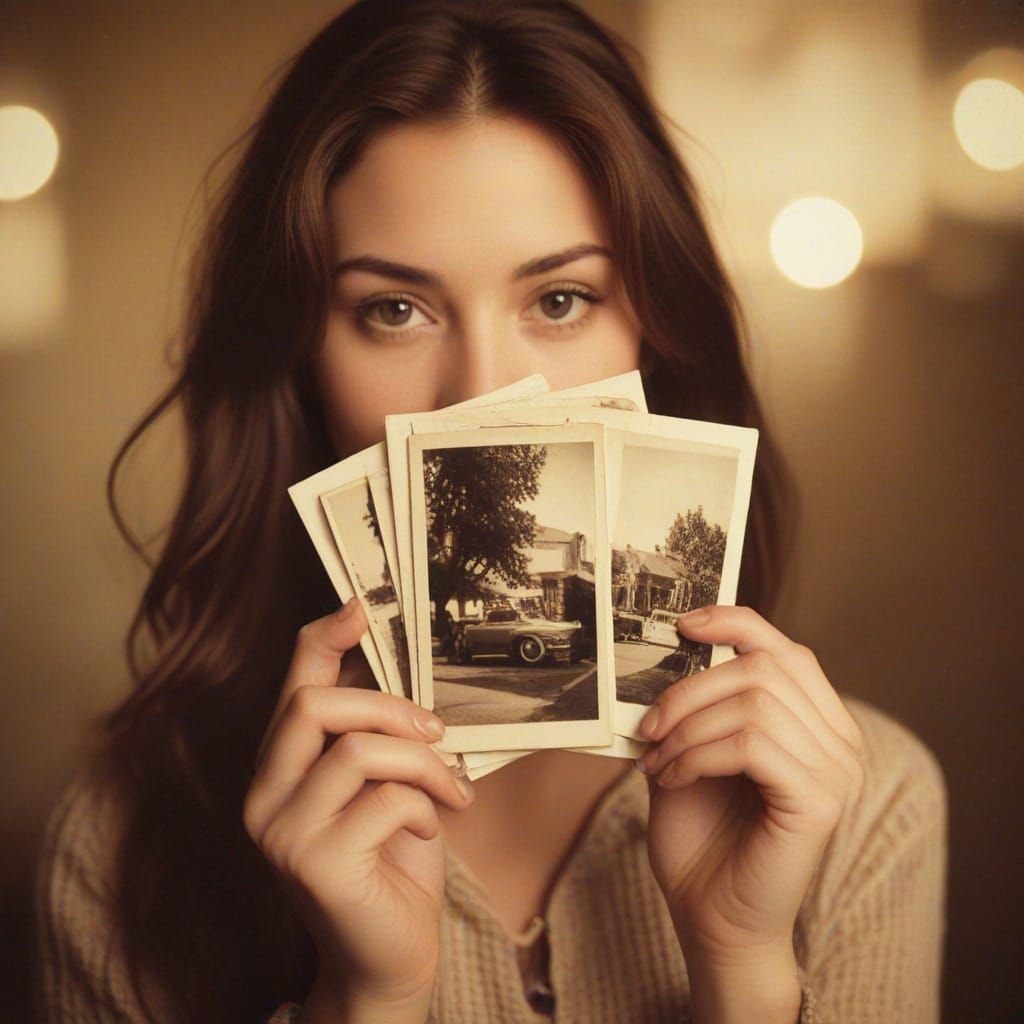Nostalgic Woman Holding Photos in Sepia Tones