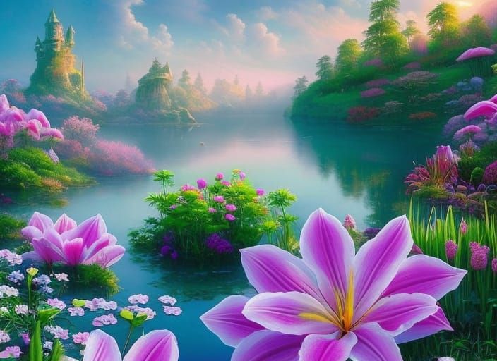 Dreamy Lily Flowers in Pastel Landscape
