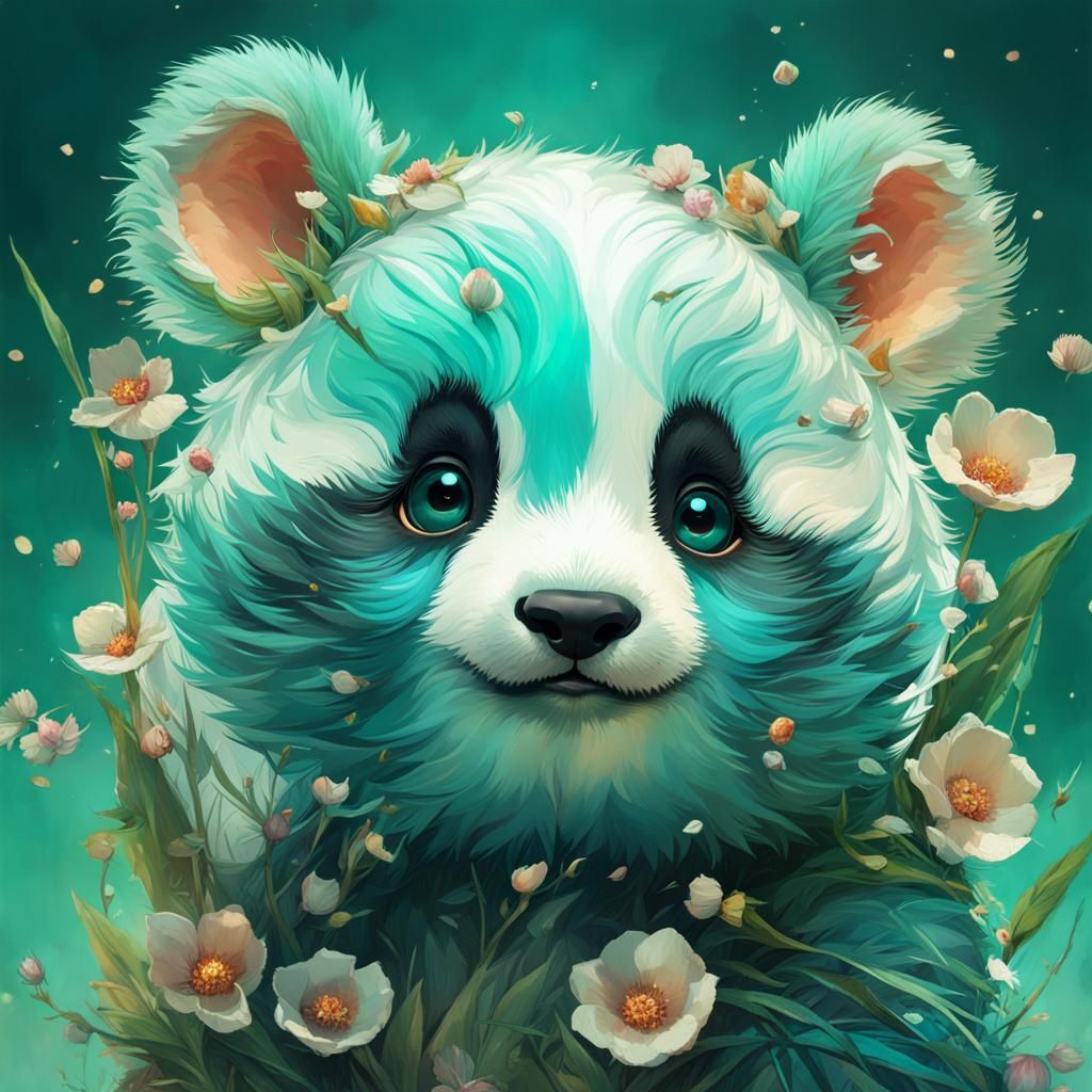Cute Panda with Flower Petals in Teal-Green