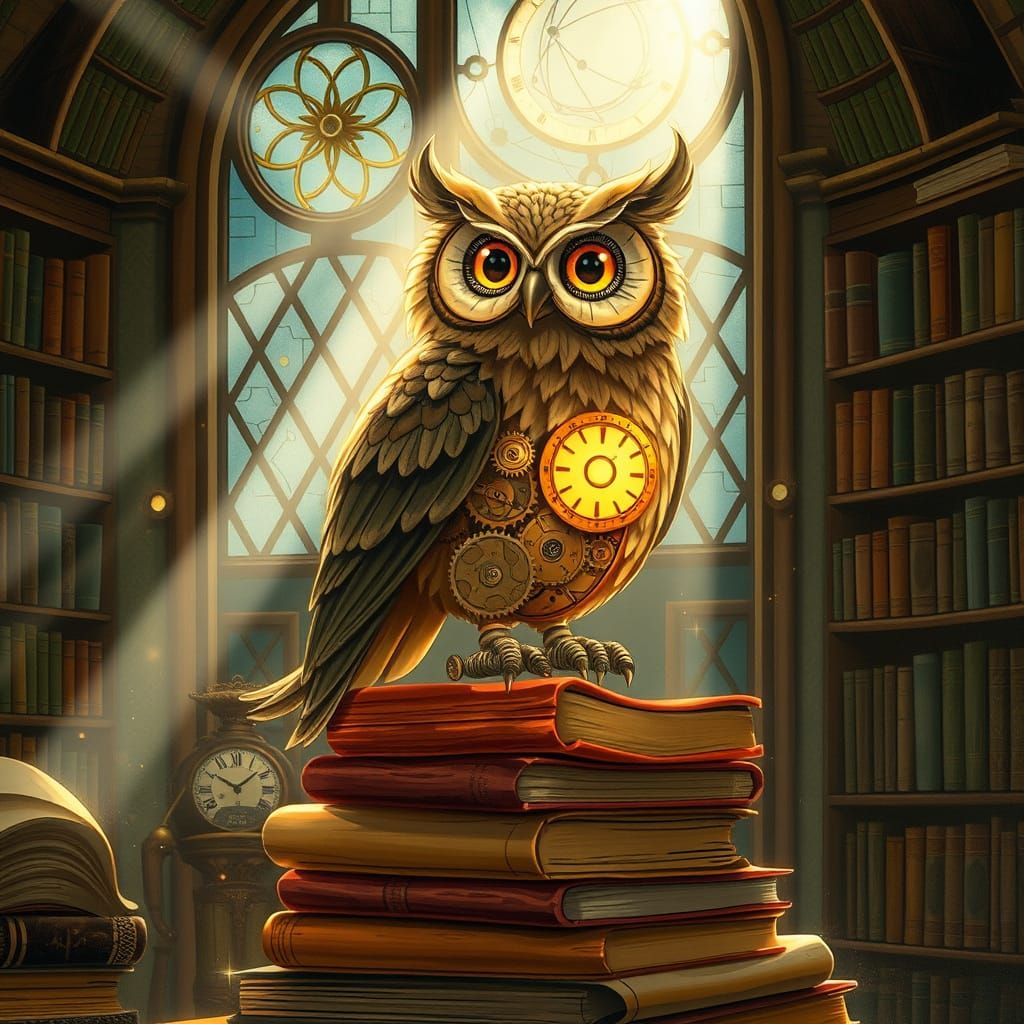 Clockwork Owl on Books in Steampunk Library
