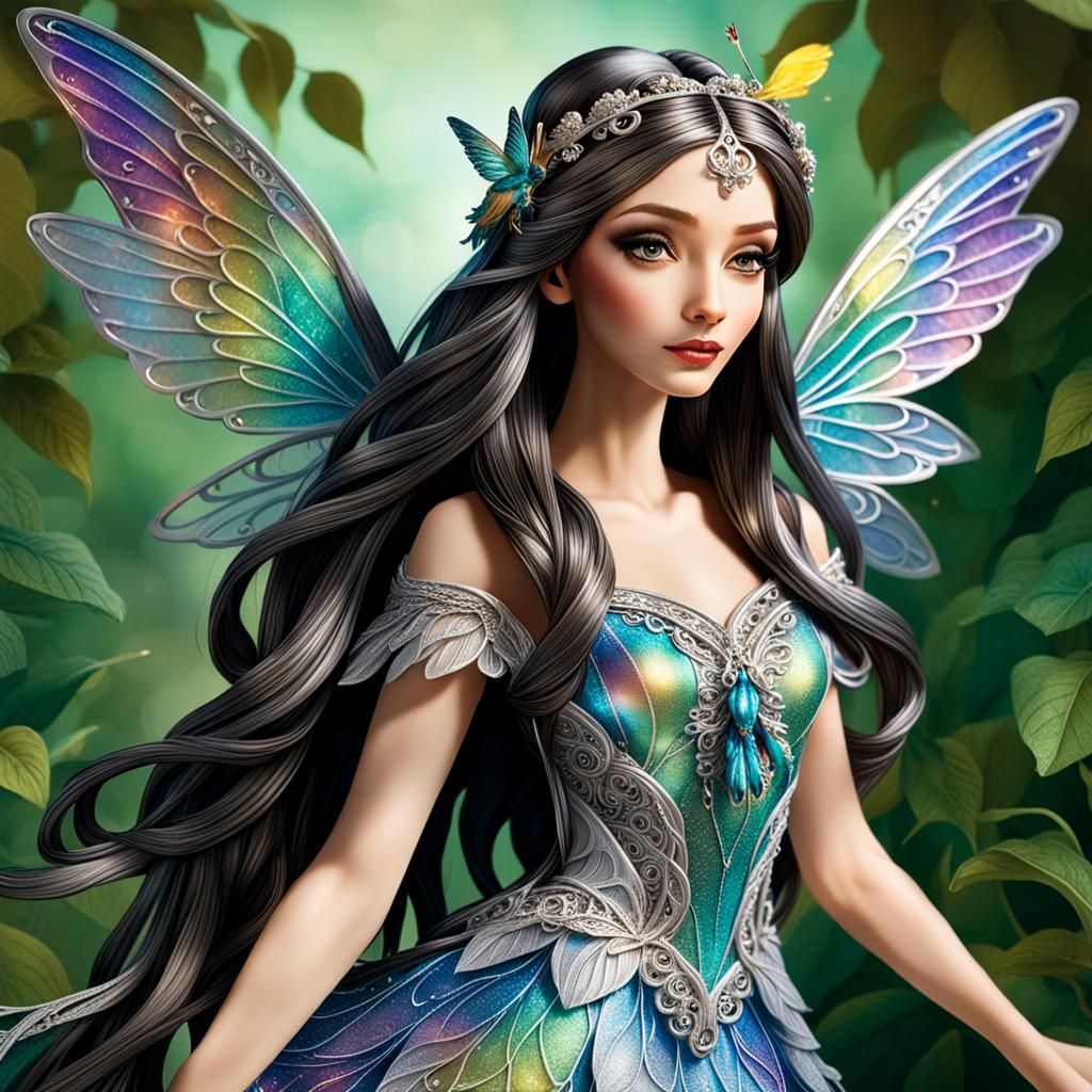 Beautiful Fairy with Hummingbird and Stargazer Lily