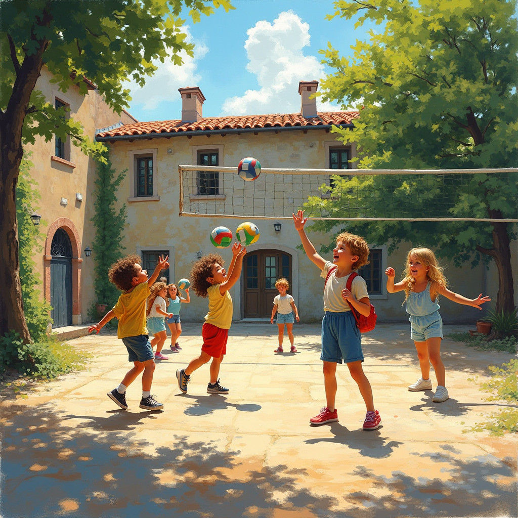 Kids Play Volleyball: Impressionist Courtyard Scene