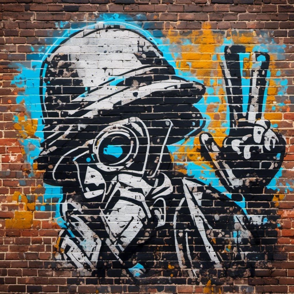 Banksy-Inspired Stencil Graffiti Art on Brick Wall