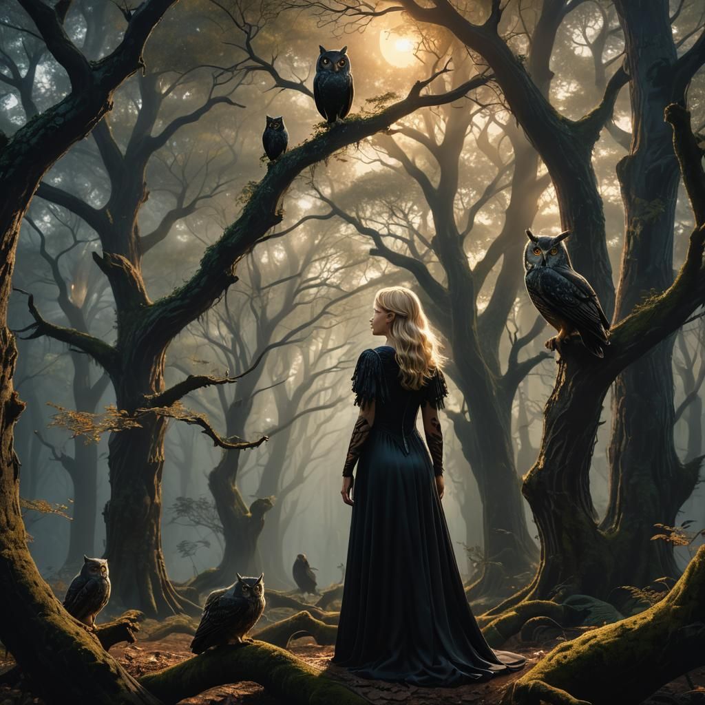 Blonde Lady and Owl in Dark Fantasy Forest