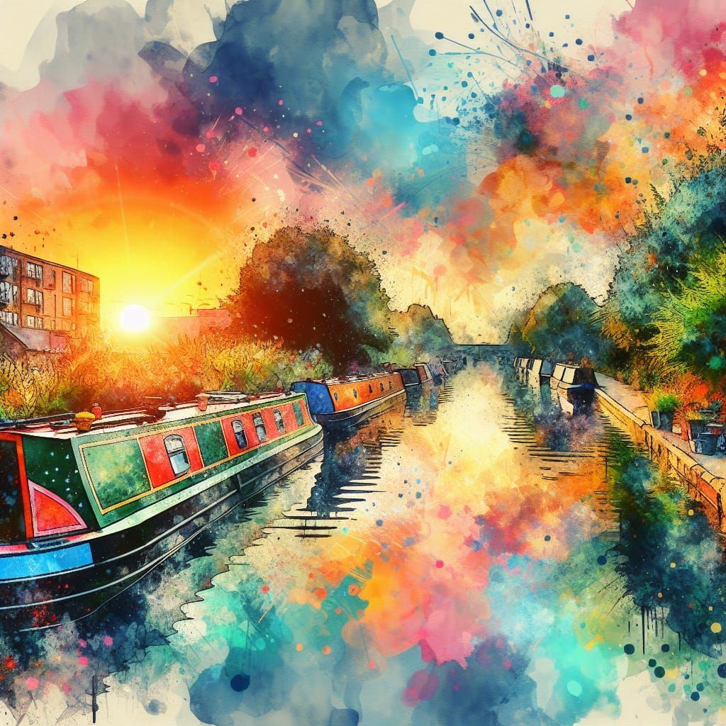 Vibrant Narrowboats on Tranquil Canal: Watercolor Painting