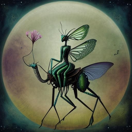 Surreal Mantis Rider in Collage Style