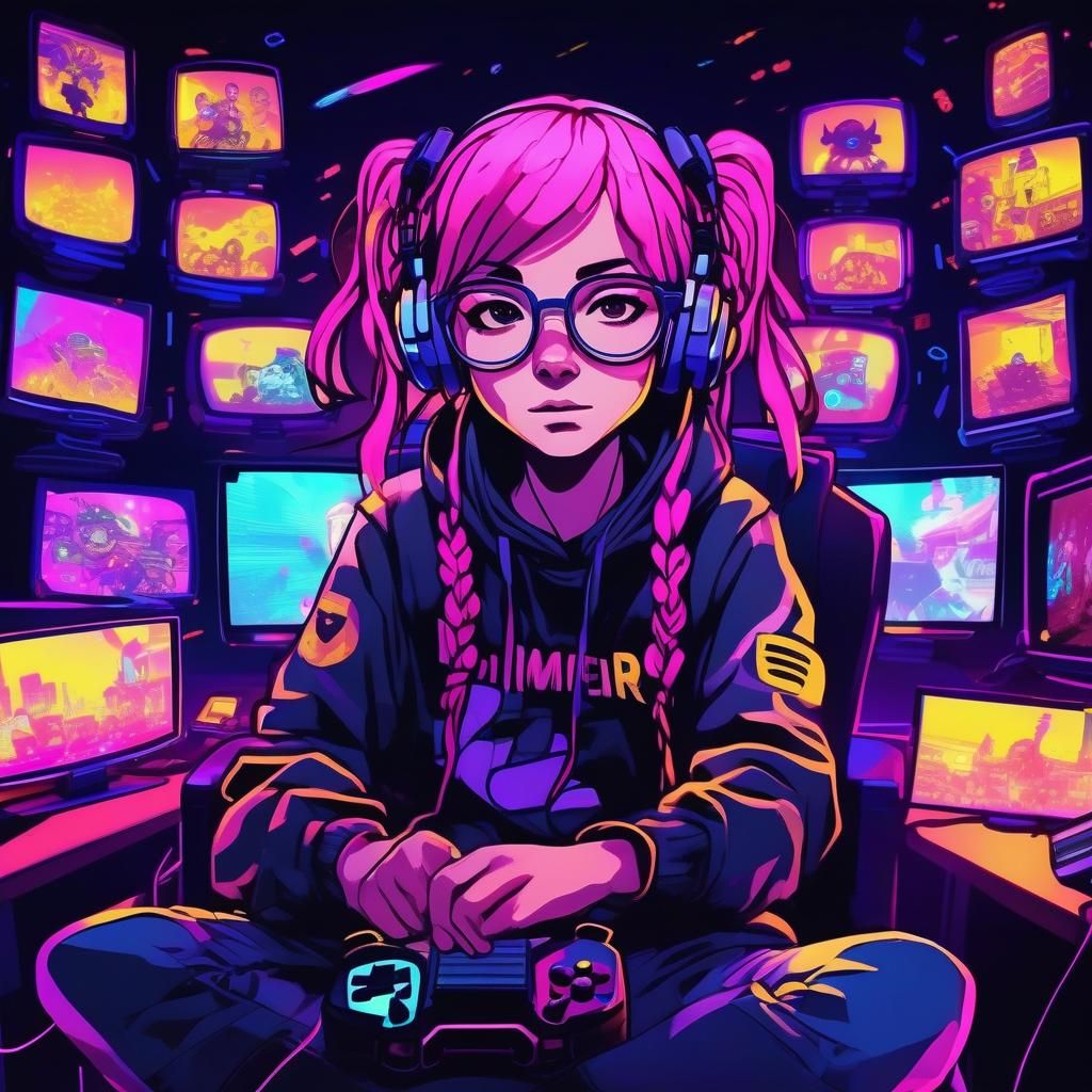 Gamer Girl in Neon Anime Style