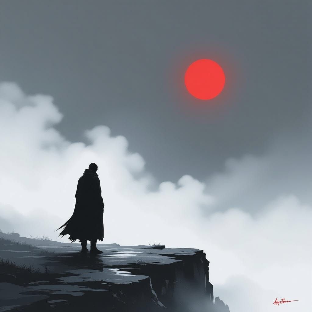 Melancholic Figure on Rainy Cliffside