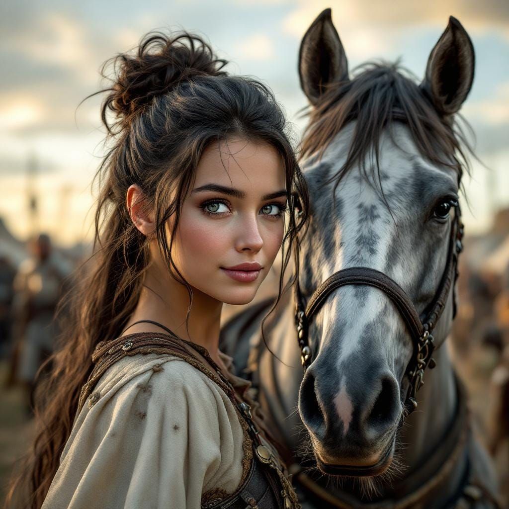 Medieval Woman Beside Horse in Camp