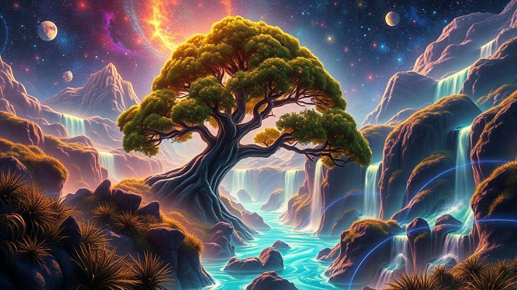Surreal Dreamscape with Liquid Sequoia Tree
