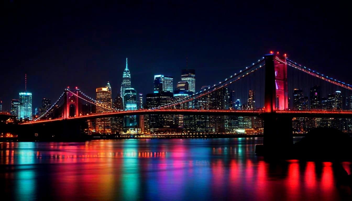 Cityscape with Long Suspension Bridge