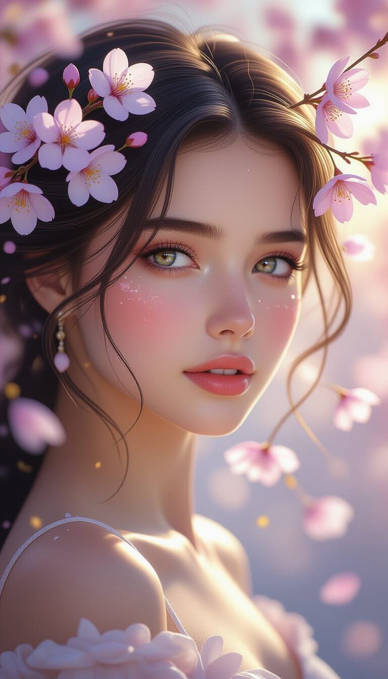 Cherry Blossom Woman: Hyperrealistic Portrait with Watercolo...