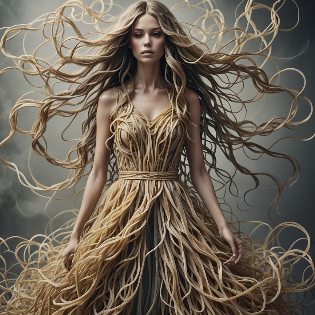 A dress made entirely out of spaghetti noodles.