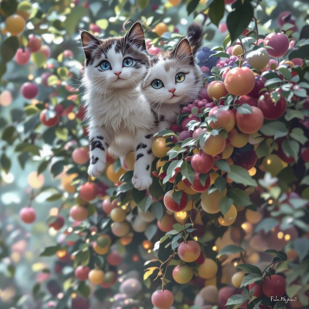 Whimsical Spotted Kitty Flies Over Magical Fruit Garden