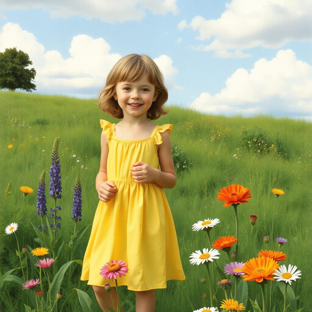 A Bright Young Girl in a Vibrant Meadow Scene, in the Style ...