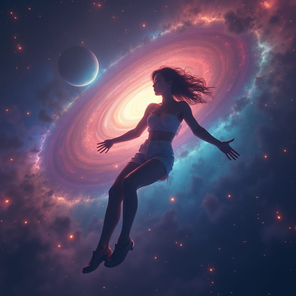 Woman Floating in Vibrant Galaxy as Digital Painting