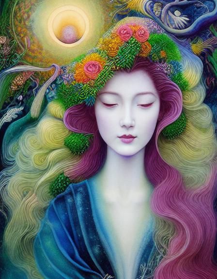 Woman with Flower in Surreal Etching Style