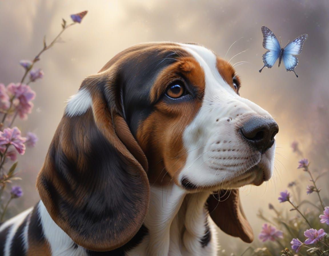 Basset Hound Puppy with Butterfly in Ethereal Mist