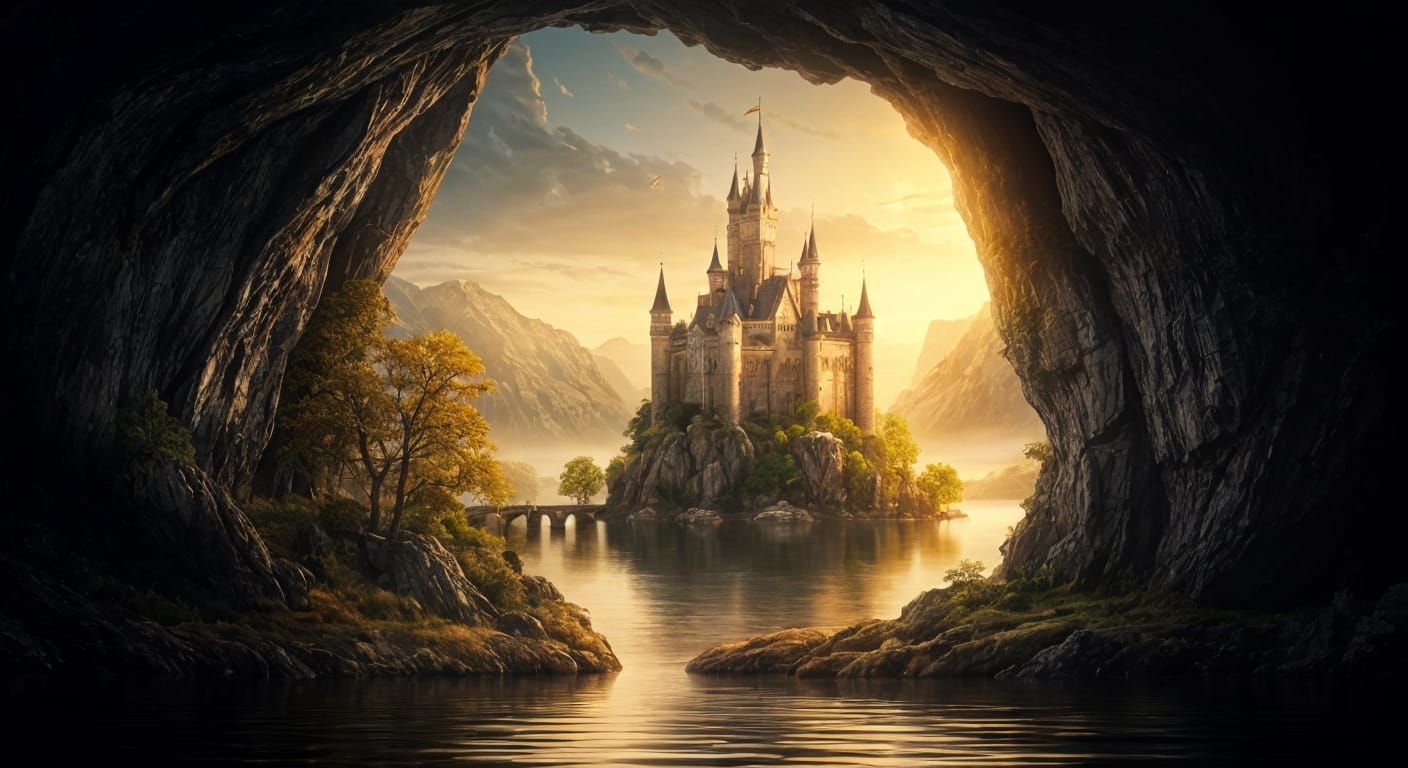 Fantasy Castle on Island at Golden Hour, 8K