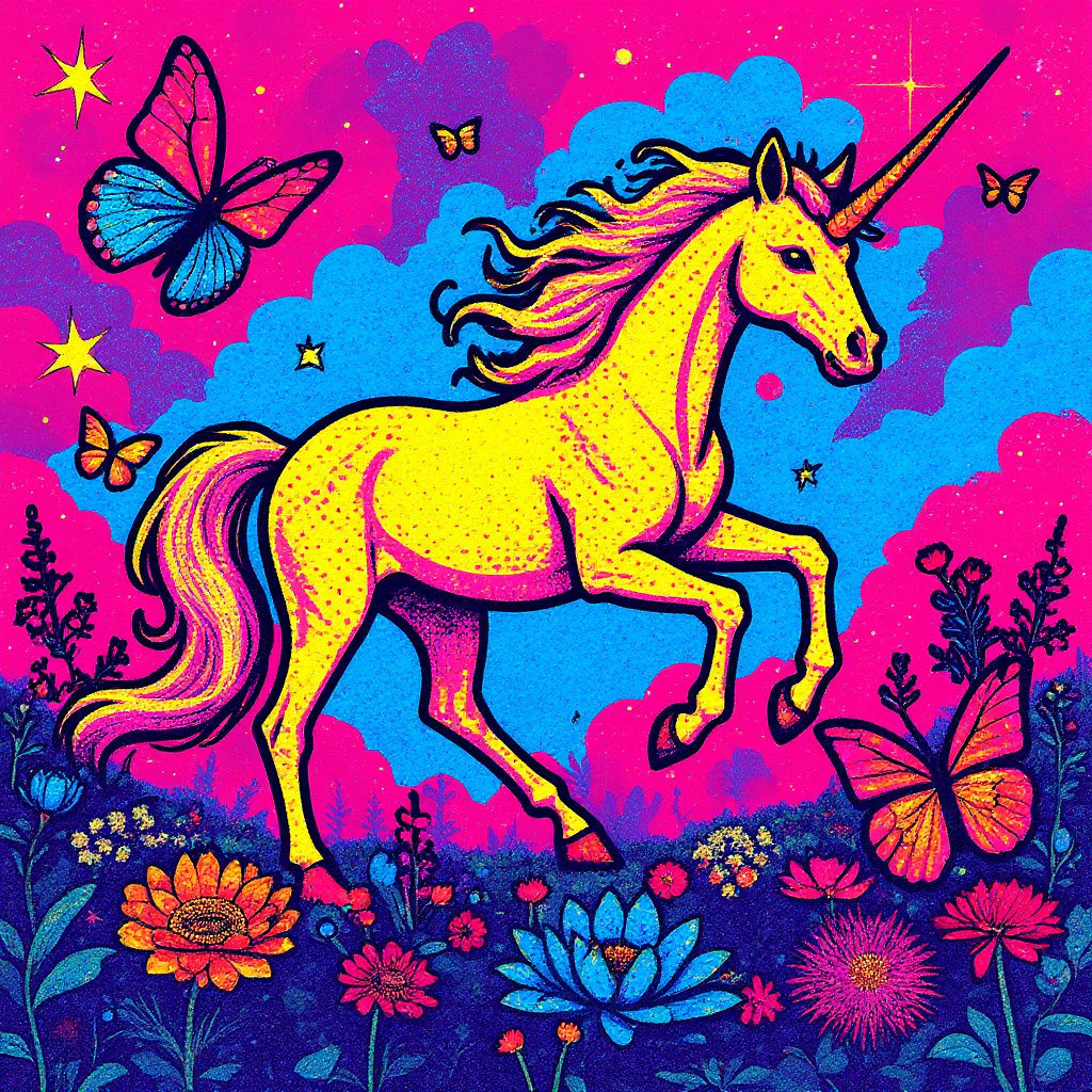 Unicorn in Bioluminescent Field, Psychedelic Dreamscape