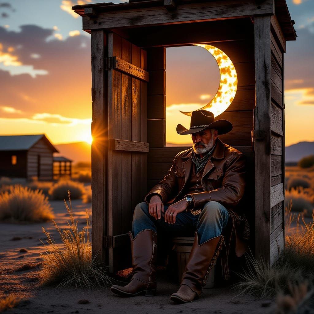 Grizzled Cowboy in Outhouse at Sunset