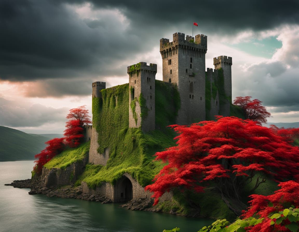 Medieval Castle Ruins with Red Ivy at Sunset