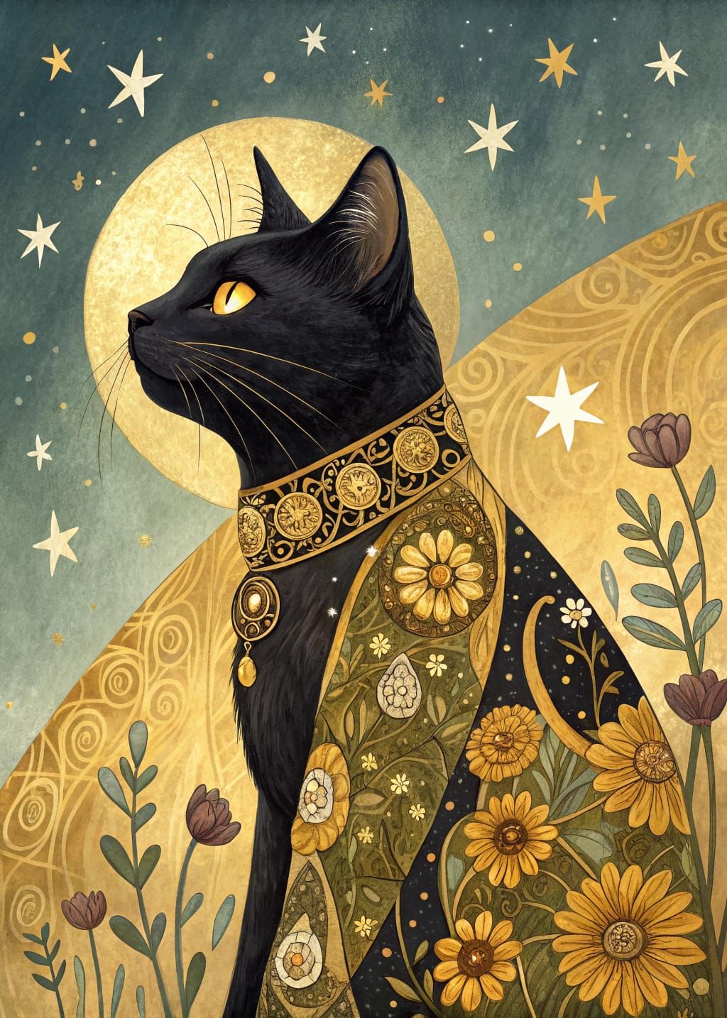 Golden Feline Deity Sits Serenely Among Celestial Patterns