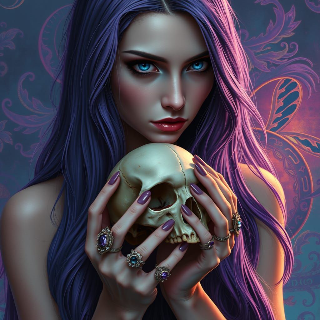 Elegant Lady in Somber Contemplation with a Human Skull