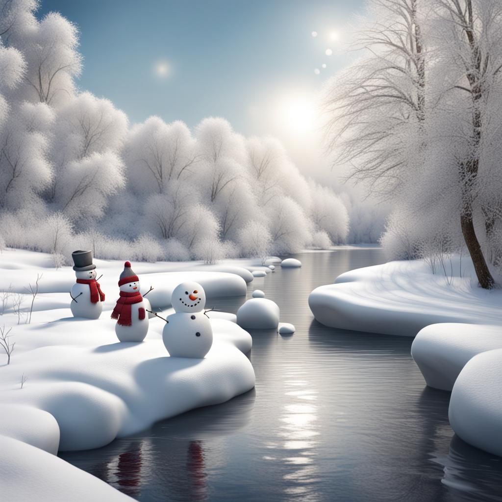 Snowman Family Fun by a Winter River in 3D