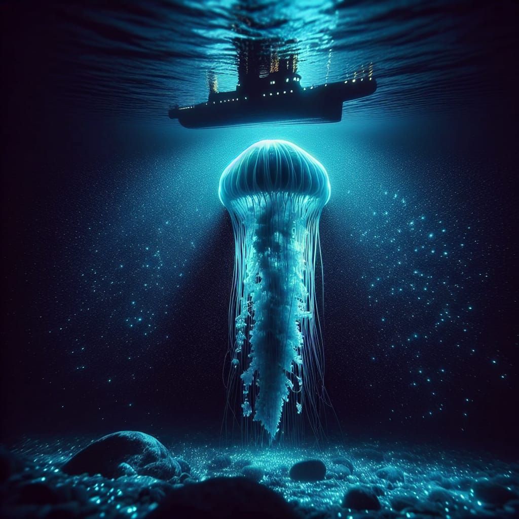 Bioluminescent Jellyfish-Devil Hybrid in Synthwave Neon