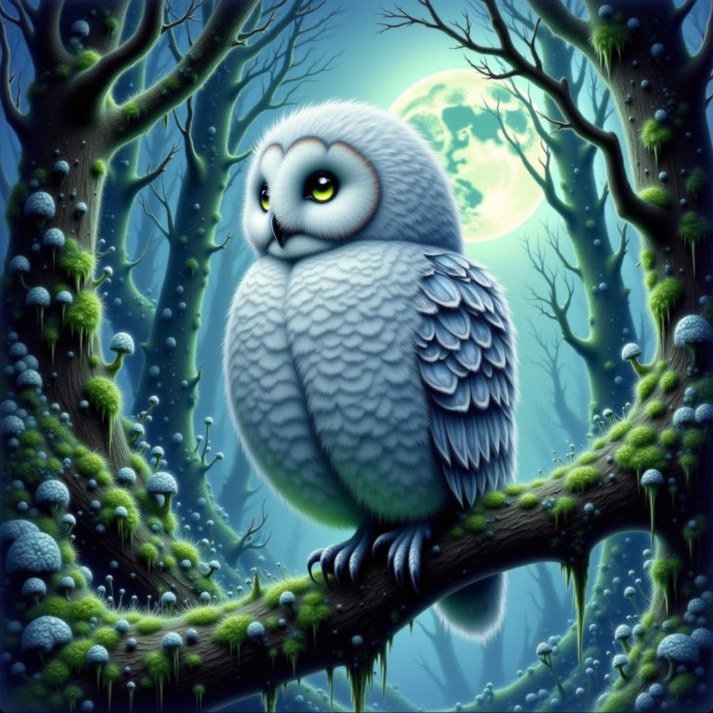 Watercolor Snowy Owl in Moonlit Forest