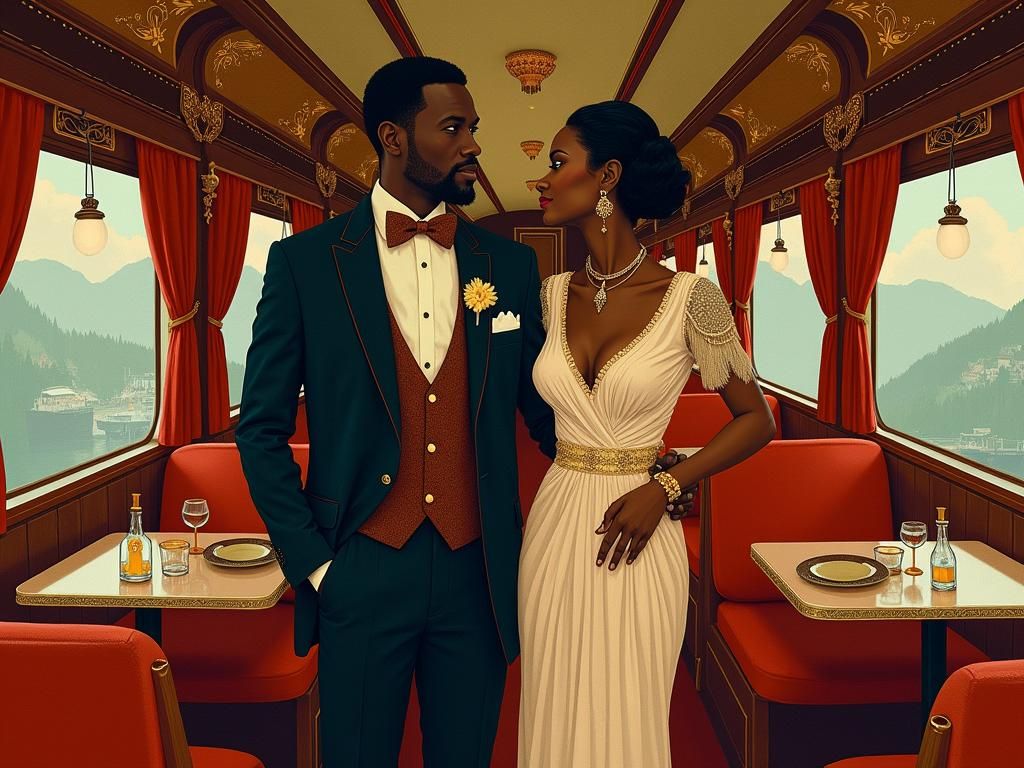 Stylish Couple on the Orient Express in Folk Art Style