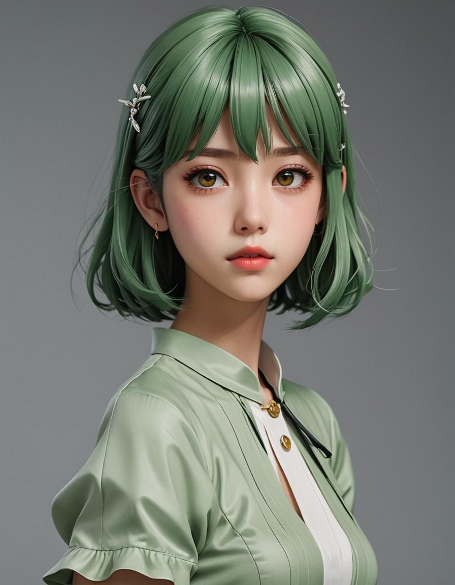 Realistic Anime Girl with Short Green Hair, 3D Art