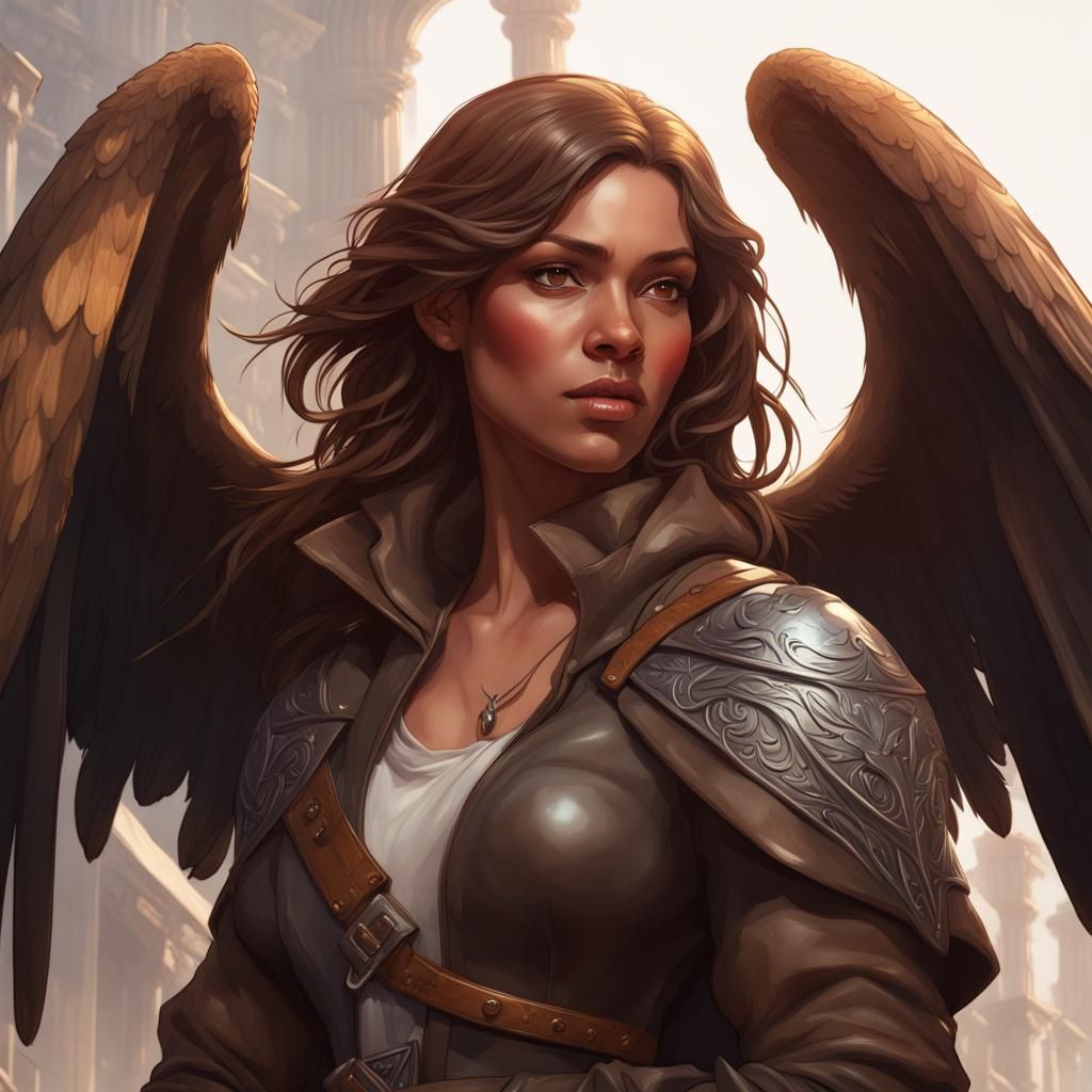Winged Woman with Sword: Hyperdetailed Digital Portrait