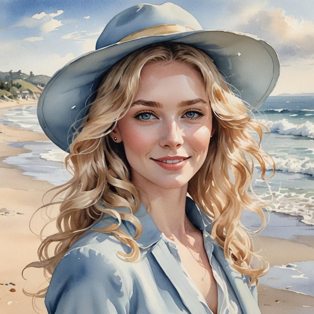 Dreamy Watercolor of Woman on Beach in Impressionist Style