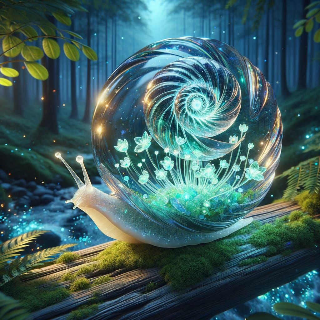 Jade Snail Shell Sculpture with Bioluminescent Flowers
