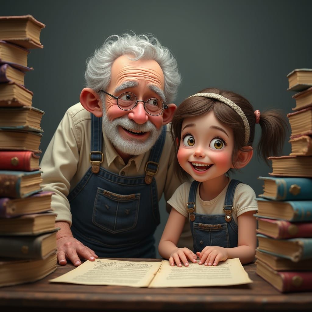 Whimsical Grandfather and Child Amidst Vintage Books
