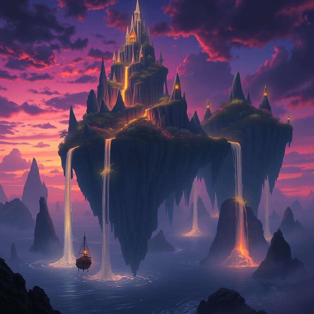 Floating Islands in Twilight Sky Above Glowing Ocean