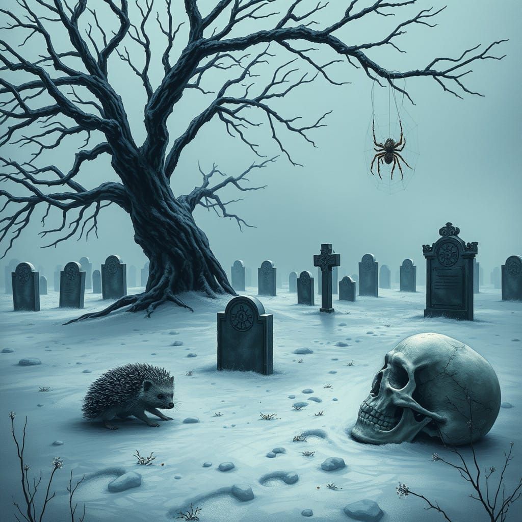 Macabre Winter Scene in Dark, Monochromatic Palette
