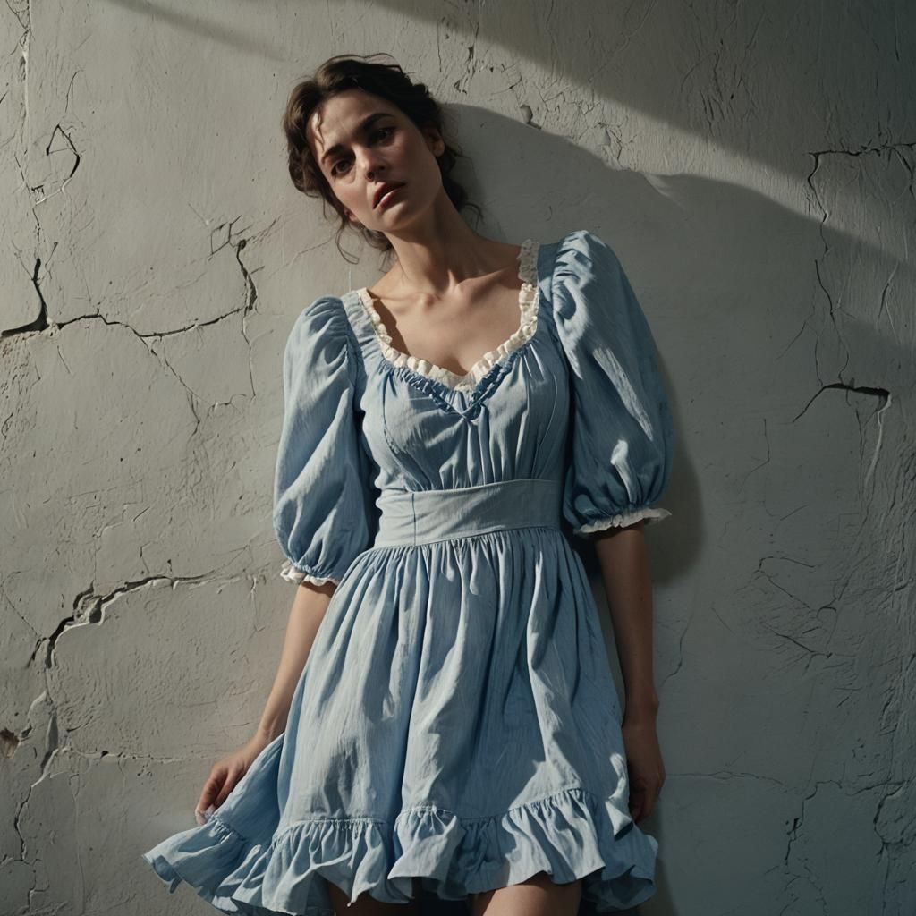 Blue and White Dress in Film Noir Style