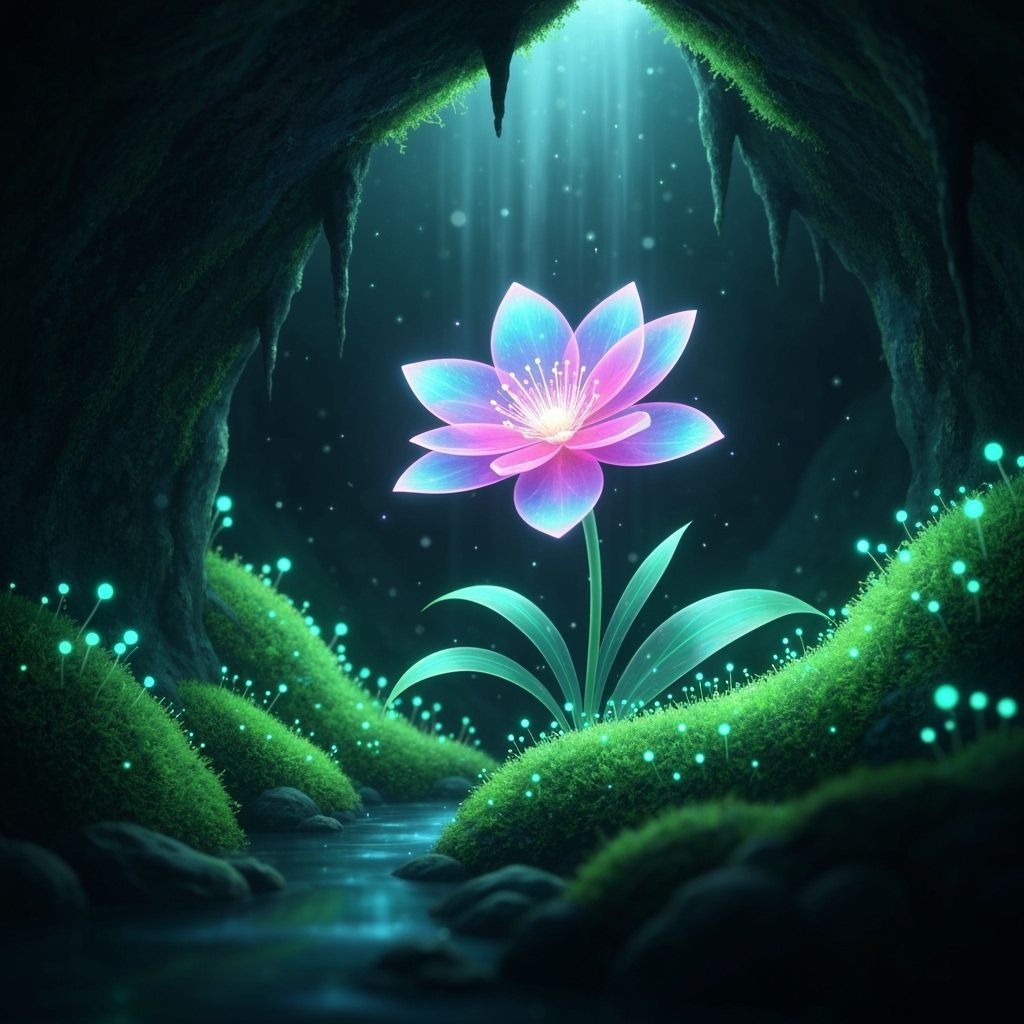 Bioluminescent Flower in Mystical Underground Cavern