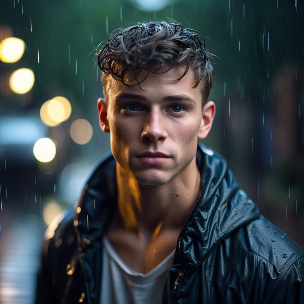 Realistic Portrait of a Muscular Man in the Rain