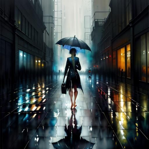 Rainy City: Woman Walking Barefoot, Watercolor Painting