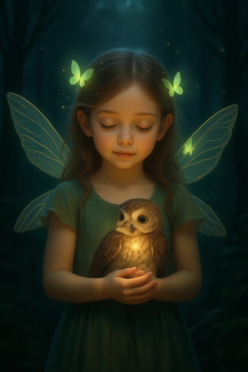 Enchanted Forest Girl with Owl, Dreamy Landscape