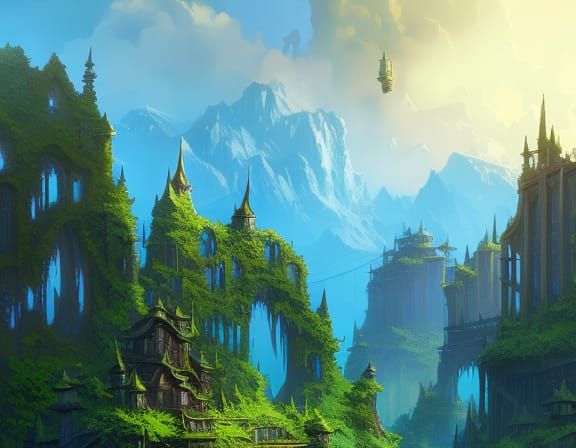 Overgrown City: Vines and Moss in Oil Painting Style